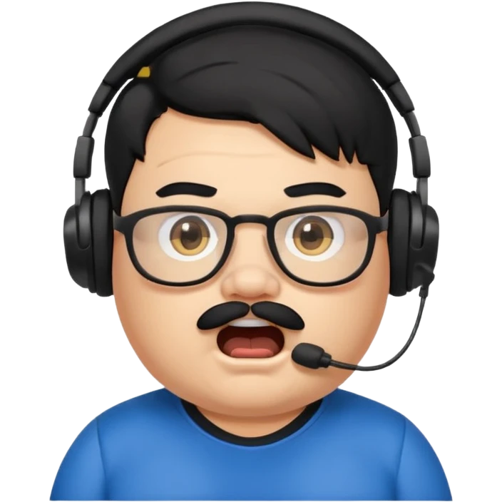 "A cartoon-style emote of a chubby streamer with black hair, mustache, and glasses, wearing a headset and a black Puma shirt. He has a shocked facial expression with wide eyes and an open mouth.

 emoji