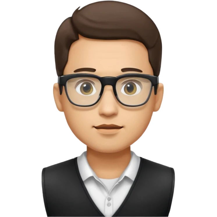 Man from the shoulder up, facing the audience. Wearing a black vest and AR glasses that look like google glasses.  emoji