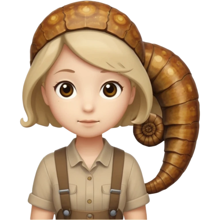 Shelly has a small, chibi-style body with a large ammonite-shaped head that looks like a beige fossil shell. One side of her head has a dark opening, making it clear she isn’t human. Her face is simple and soft, with big round eyes. She wears a brown suspender outfit over a lighter shirt emoji