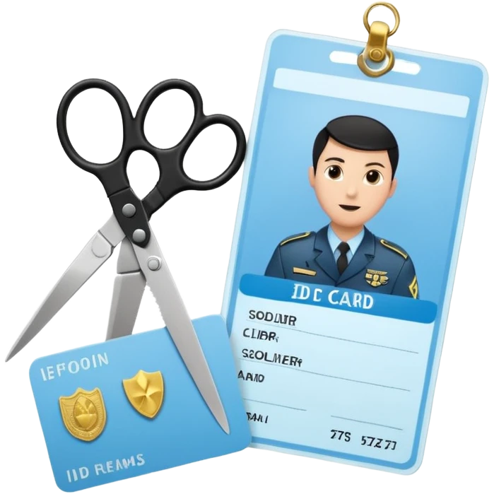 Floating black Scissors cutting in half a light blue idf soldier ID card with golden chip in 2 parts .hyper realistic emoji