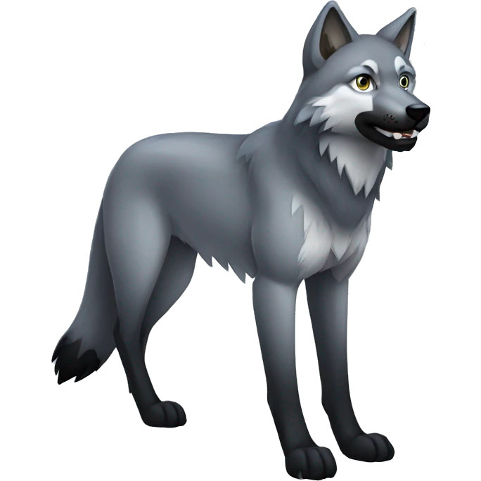 Full-body Grey wolf with black paws, black muzzle, black tail. with blue eyes. full body emoji