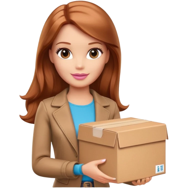 Barbie with shoulder-length reddish-brown hair in brown clothes holds a package box emoji