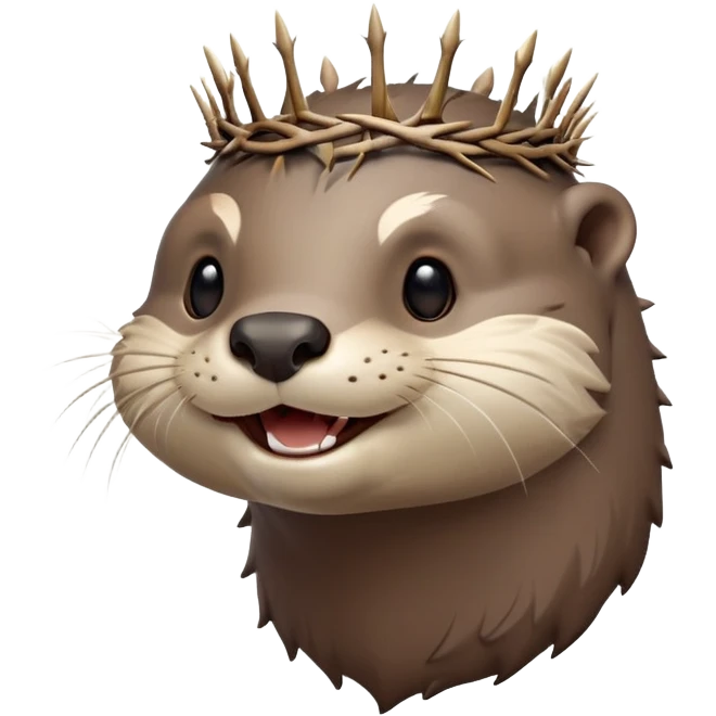 really cute smiling joyful otter face in three-quarter profile view with simple thorny stem wrapped horizontally around its forehead like Jesus Christ's Crown of thorns, no crown shape on top, just thin spiky branches circling the forehead emoji