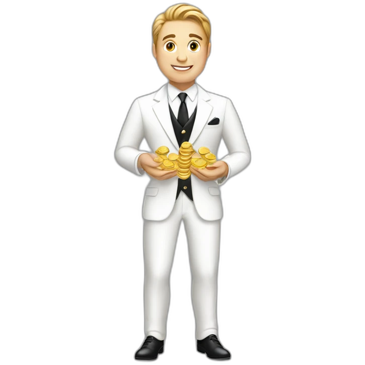 Posh-man-with-white-suit-holding-golden-coins emoji