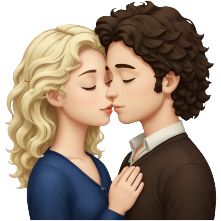 Tall White Italian boy with dark brown wavy fluffy hair and blonde wavy hair girl that's pale with wavy hair kissing with eyes closed  emoji