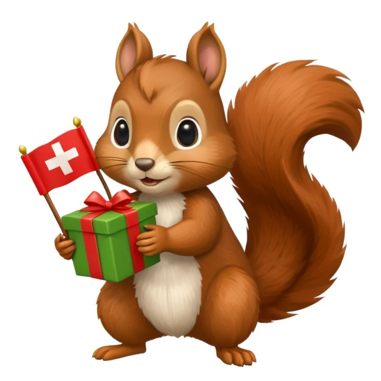realistic squirrel holding a green gift box in one hand and a red Swiss flag in the other, both objects clearly visible, simple white background, the gift is a different color from the flag emoji