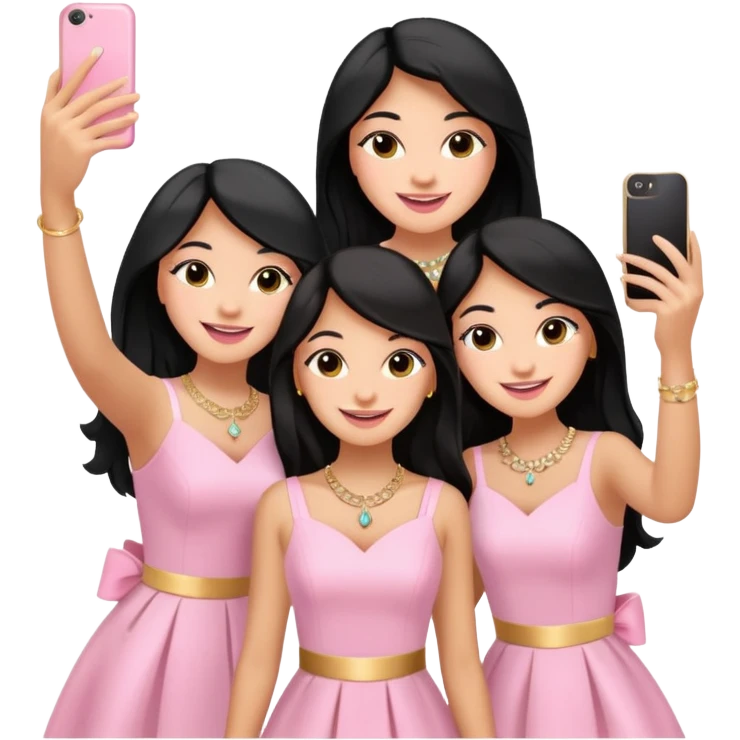 Just 3 besties with professional glammed up looks wearing pink and white, all medium skin tone smiling big with black long hair. Very girly wearing simple jewelry, taking a selfie  emoji