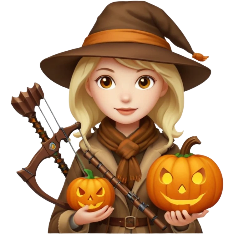female human monster hunter emoji, wearing brown coat and hat, holding crossbow, soft smile, scarf, glowing pumpkin by her side, Halloween fantasy style, clean vector Apple emoji look, bright colors, white background, square emoji