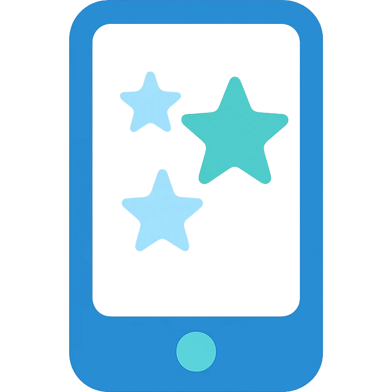 Smartphone icon with three stars, flat emoji style, outline with blue and turquoise colors, screen filled solid white emoji