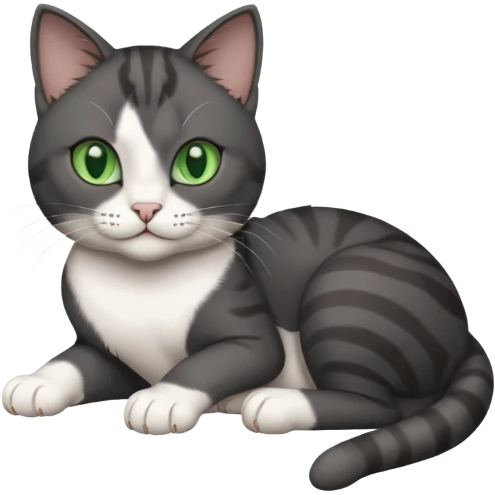 beautiful female solid dark grey cat with green eyes, white toes/paws and white patch on her chest rolling over emoji
