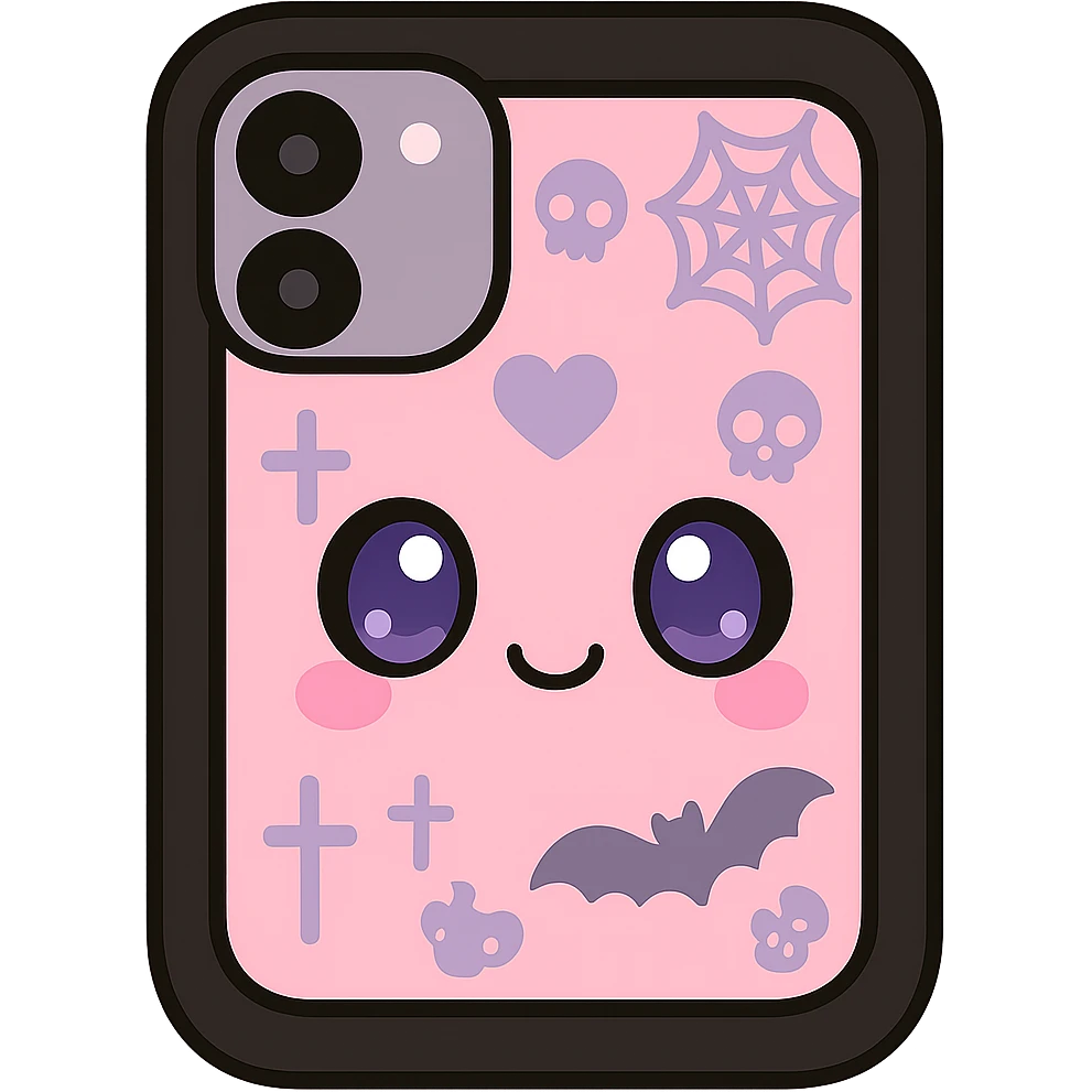 Add more gothic symbols such as crosses, spiderwebs, bats, and skulls to the pink and black kawaii phone case. Keep big eyes, smiling, cartoonish, playful, with no background. emoji