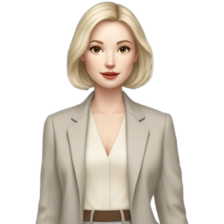 pale skin woman with ash blonde Straightened bob Hair, White Spacious classical jacket, beige palazzo Arrow pants and gray blouse holding a color palette in the hands emoji