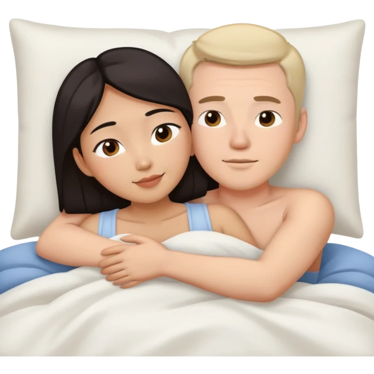 asian woman and white man cuddling in bed emoji