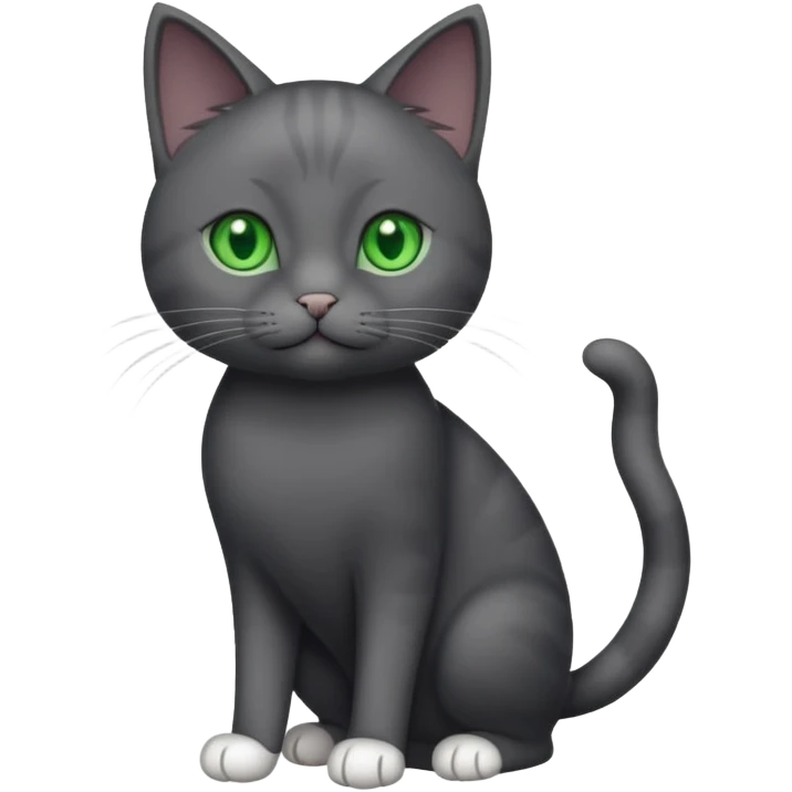 full body gorgeous solid dark grey cat with green eyes, white paws and white whiskers playing emoji