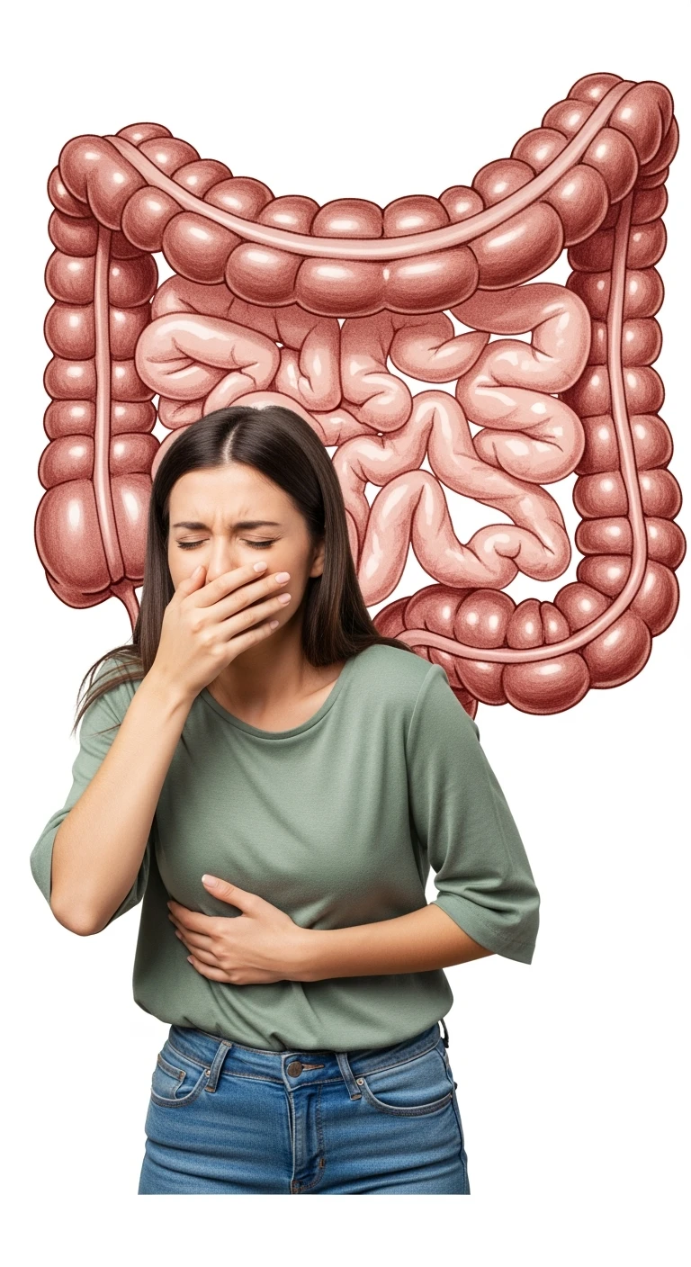 DONNA CHE SI TIENE LA PANCIA CON LA MANO E SI TAPPA IL NASO PER LA PUZZA, INTESTINO UMANO ANATOMICO IN EVIDENZA, ISOLATA SU SFONDO BIANCO emoji