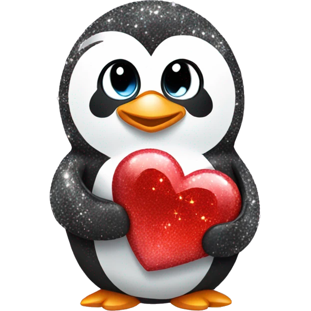 Sparkly penguin holding a heart shaped rock emoji