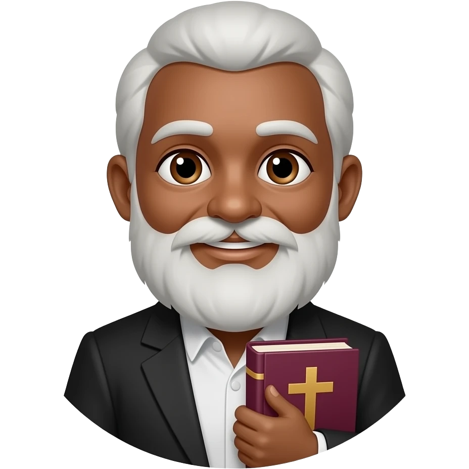wise old man with greying white hair slight smile brown eyes white beard black skin with burgundy book that has a cross on it no circle emoji