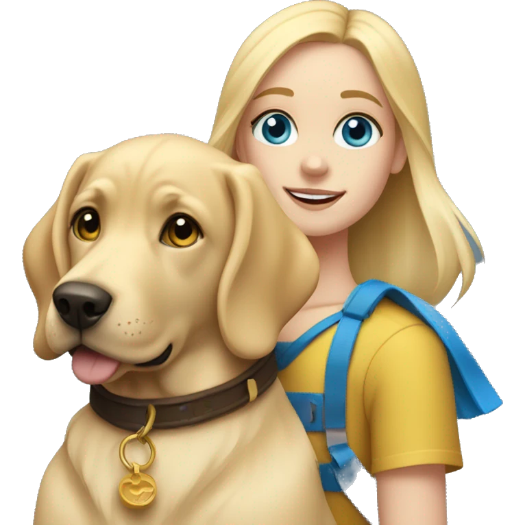 Blonde girl with blue eyes holding a golden Labrador with a blue collar emoji