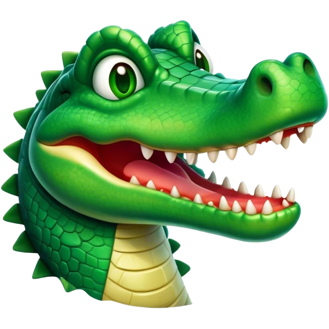 Cinematic Comical Crocodile Portrait Emoji, Head tilted dramatically with an exaggeratedly amused expression, featuring a striking, glossy emerald-green hide with bold textured scales and wide, expressive eyes filled with playful disbelief, Simplified yet hilariously expressive features, highly detailed, glowing with a slightly sassy glow, high shine, dramatic yet playful, stylized with an air of cheeky mischief, bright and endearing, soft glowing outline, capturing the essence of a spirited and over-the-top crocodile, so meme-worthy it feels like it could snap its jaws into internet fame instantly! emoji