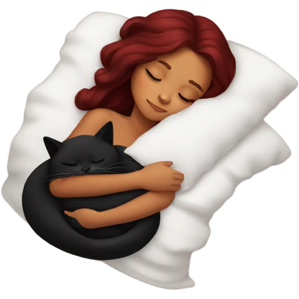 tanned girl long burgundy hair sleeping with black kitty emoji