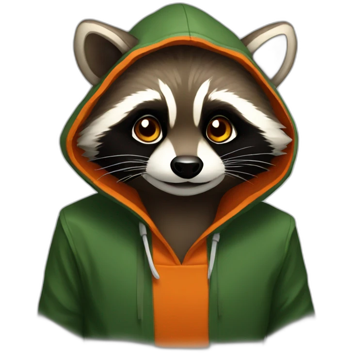 brown raccoon with orange eyes and a dark green hood that is smiling emoji