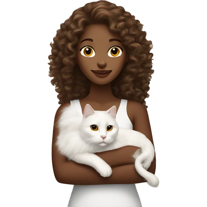 long curly haired brown skinned lady holding white cat  emoji