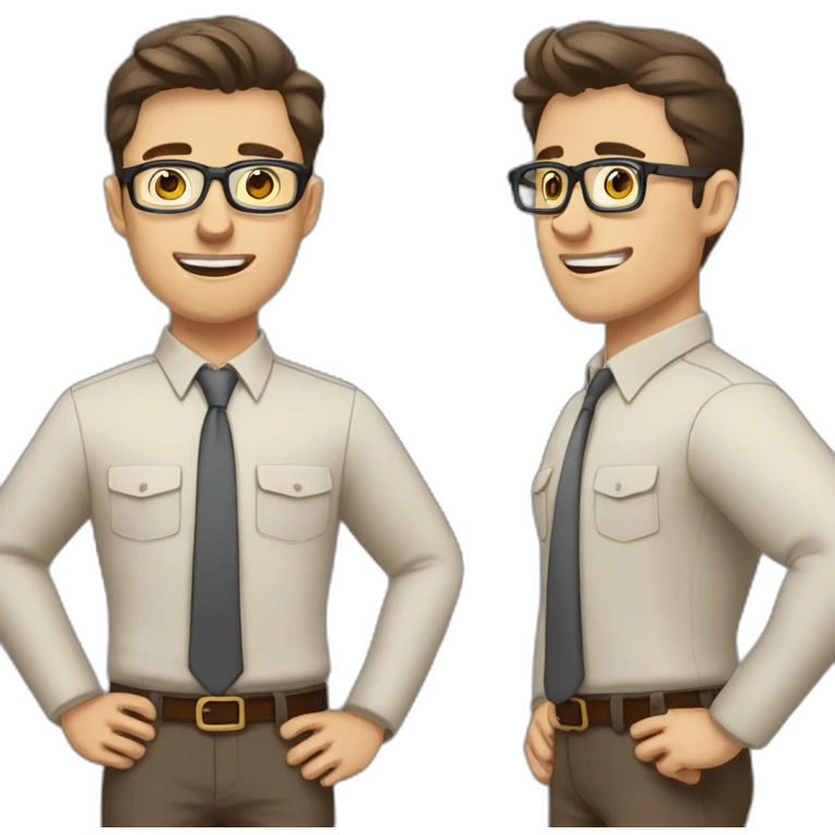 To belt Actively gesturing with hands Pale skinned fit man with dark brown hair in gray jacket, beige office shirt, brown tie, brown pants and vintage glasses. emoji