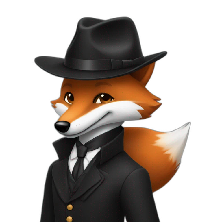 Un renard en costume noir avec un chapeau fait 👋 emoji