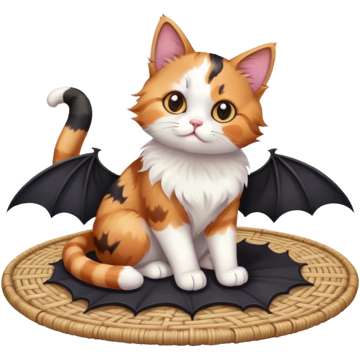 cat sitting on a mat with two bats flying nearby emoji