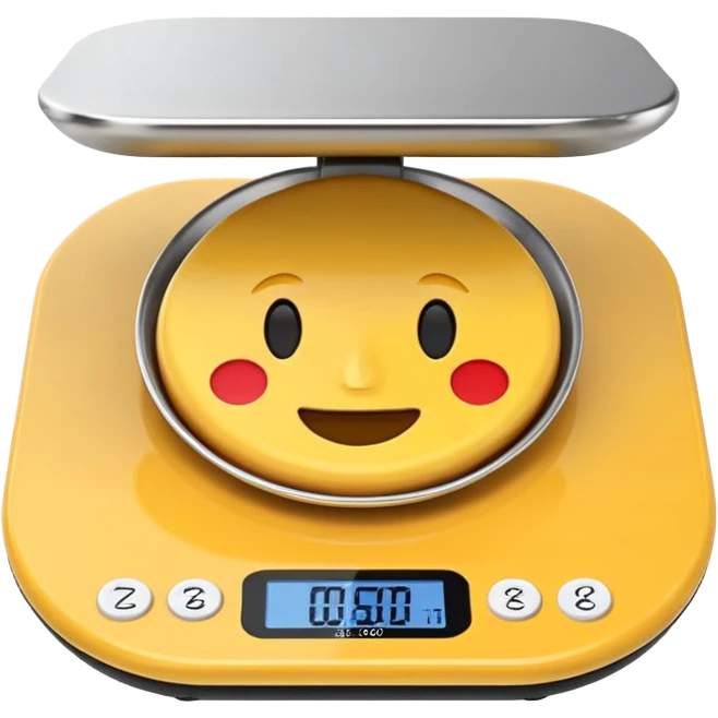 iOS-style 3D emoji: a small digital kitchen scale with a flat platform and an LCD screen displaying 0 g. emoji