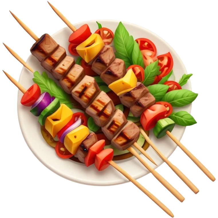 Cinematic Realistic Shish Kebab Dish Emoji, showcasing skewered, grilled meat with vibrant vegetables rendered with dynamic textures and warm, inviting lighting. emoji