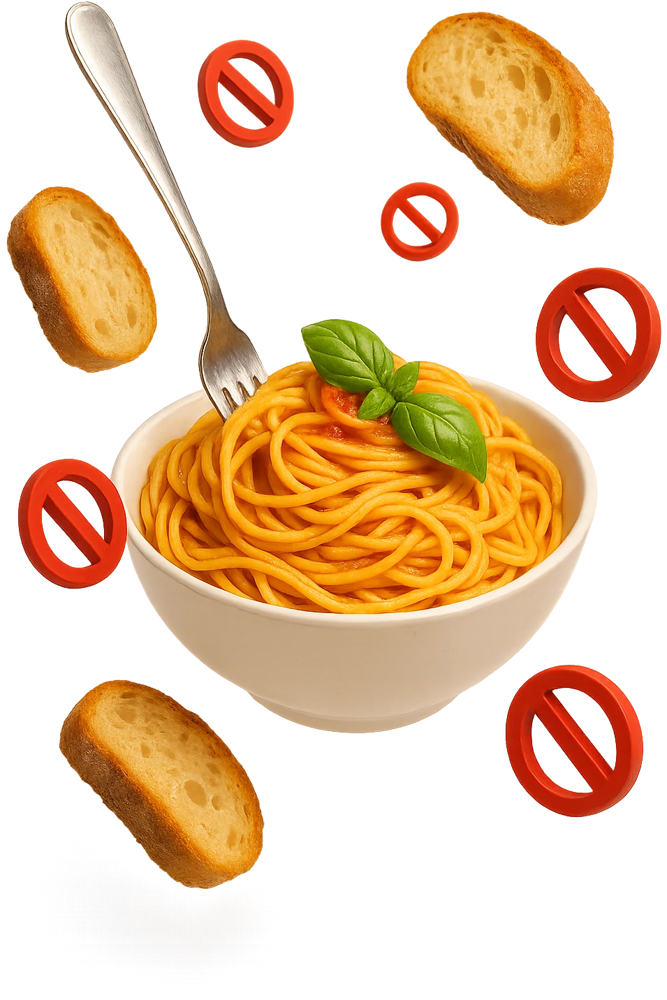 bowl di pasta e fettine di pane che fluttuano in aria con piccoli divieti 3d, sfondo bianco, iperrealistico 4k emoji