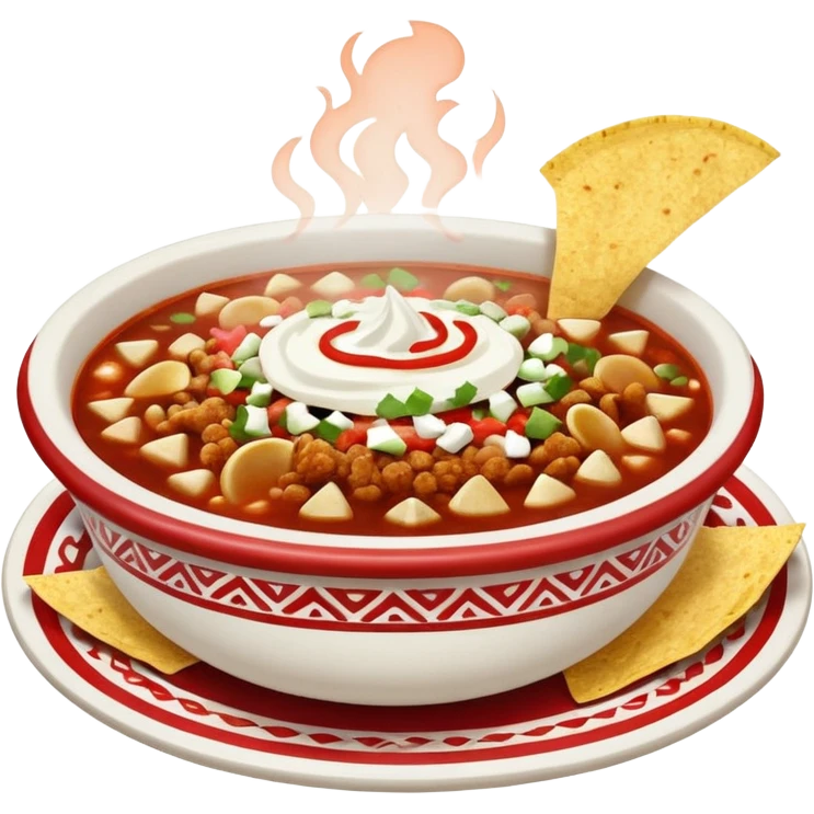 a hot bowl of pozole with a side of tostada with sour cream and red salsa emoji