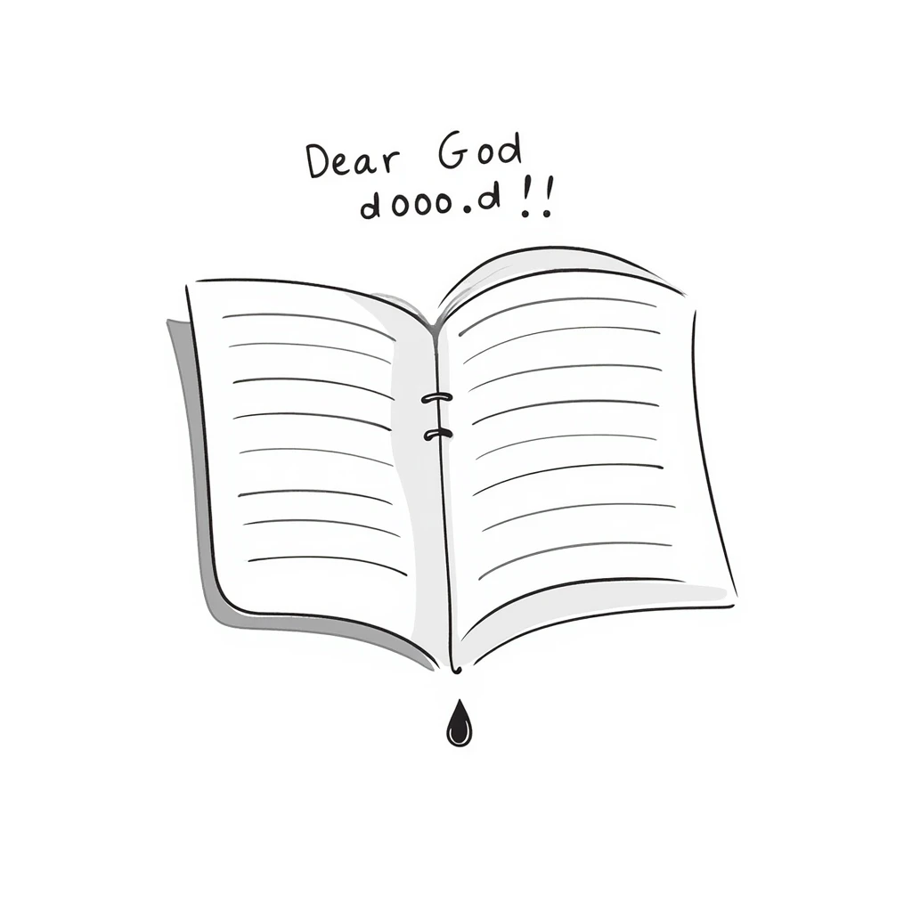 Hand-drawn notebook page with "Dear God" written at the top in a student's handwriting, looking like the start of a desperate essay emoji