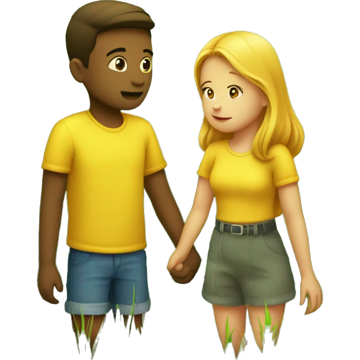 two bright yellow emojis of a boy and a girl holding hands on a lush green grass field. The girl is looking away, as if she is about to leave. The boy is looking at her with a sad expression, as if he doesn't want her to go. emoji