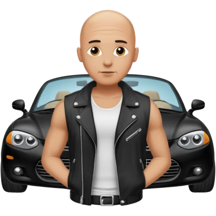 bald man emoji wearing a white tank top and black jacket with a black car in the background emoji