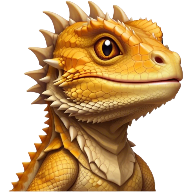 Cinematic Noble Bearded Dragon Portrait Emoji, Poised and regal, with a robust, angular build and a textured, scaled hide in earthy olive and sandy tones, a prominent spiky 'beard' beneath its chin and a keen, alert gaze, Simplified yet sharp and sophisticated features, highly detailed, glowing with a soft, dignified glow, high shine, intelligent and fierce, stylized with an air of desert majesty, focused and attentive, soft glowing outline, capturing the essence of a watchful and commanding reptile, so majestic it feels as though it could scuttle out of the screen with effortless authority! emoji