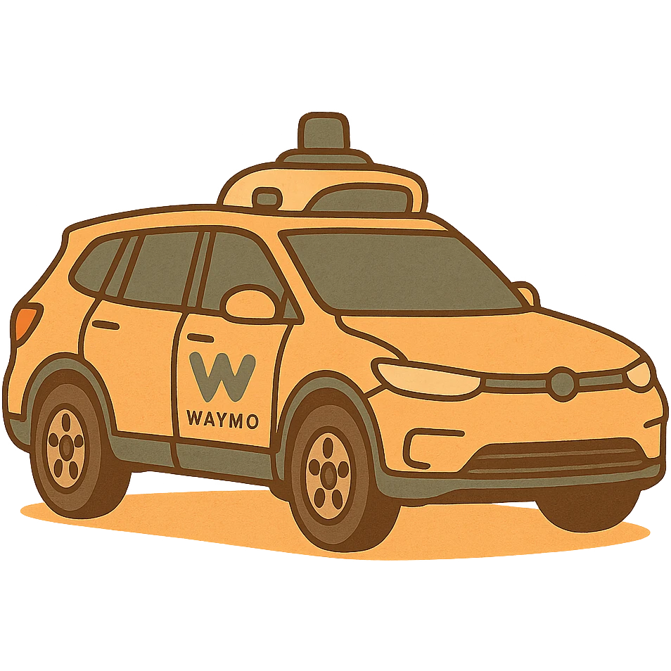 Waymo self-driving car, modern and clean, visible sensors and lidar, no background, flat warm colors illustration style, Slack emoji ready emoji