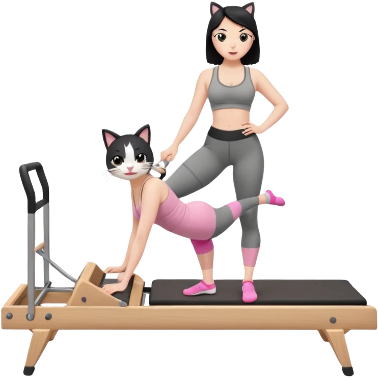 Create a Pilates emoji: a girl with fair skin and black hair, wearing a grey bra and grey leggings with pink pilates socks, doing cat-cow on a wooden reformer. Make it look at the reformer. Make the colors neutrals. emoji