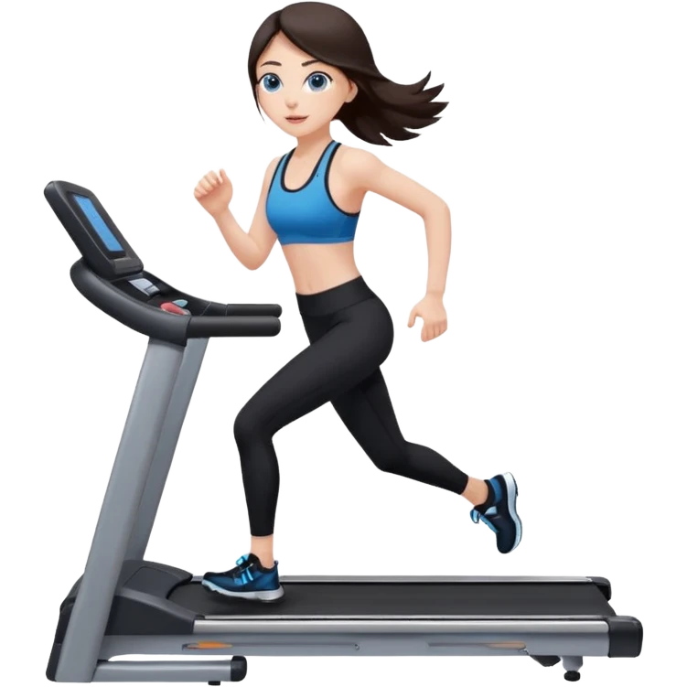 A girl with fair skin and a caring blush. Her eyes are big, expressive, blue. Her hair is long, straight, dark brown.

running on a treadmill, she is wearing black leggings and a black sports bra emoji
