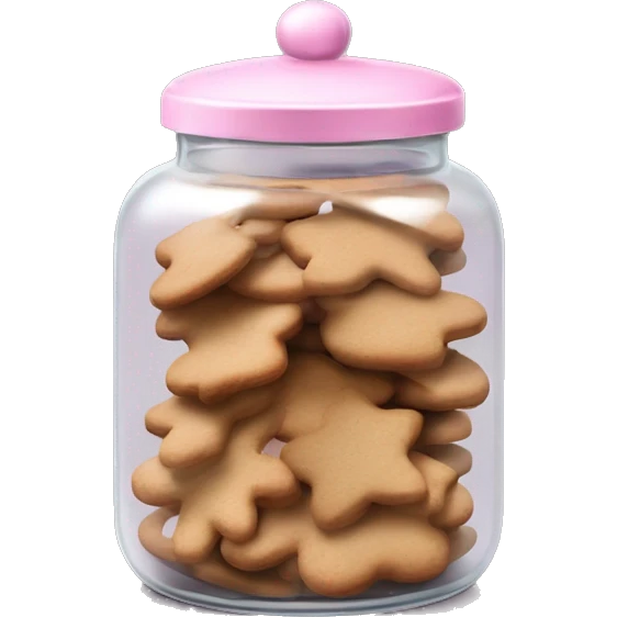 Realistic glass cookie jar with light pink lid full of gingerbread cookies isolated.  emoji