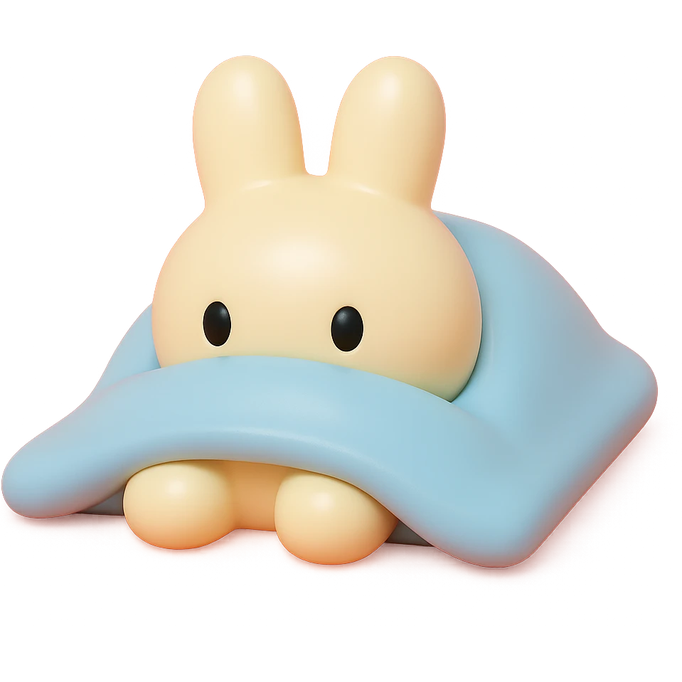 cream bunny lying under blanket, only eyes showing, vinyl figure style emoji