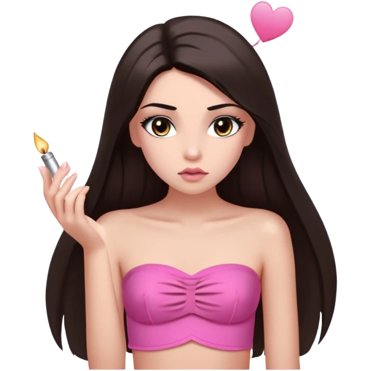 girl with lighter skin, dark brown long straight hair falling in front of her body, pouty shiny lips without cupid's bow, shiny large eyes with long eyelashes, lighter button nose, very long oval-shaped face, wearing a pink bandeau top with straight neckline, looking directly at camera with hands down at sides emoji