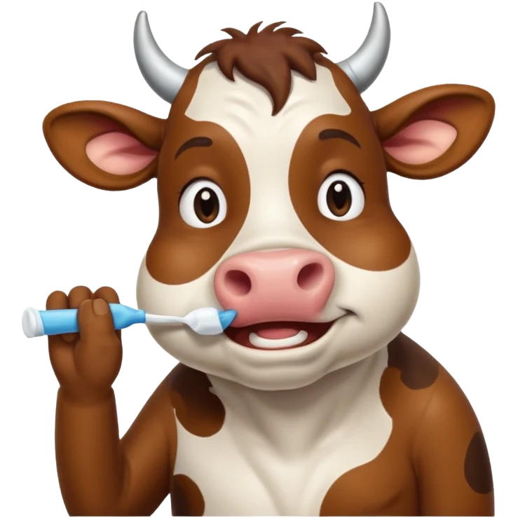 A cow brushing its teeth, looking sleepy and drowsy, portrait, bust up emoji