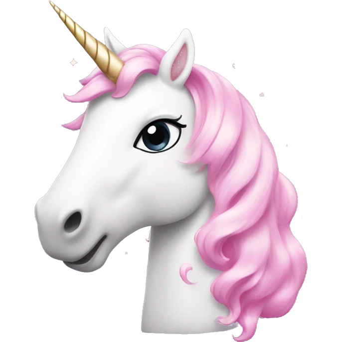 white unicorn, with pink horn with sparkles and pink hearts around it emoji