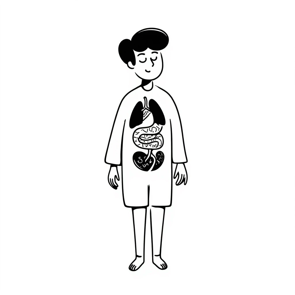 Human body diagram with main organs labeled emoji
