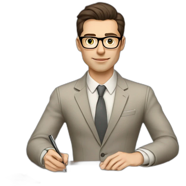 Pale skinned fit man with dark brown hair in gray jacket, beige office shirt, brown tie, brown pants and vintage glasses Writing on the tablet emoji