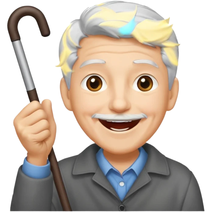 A grey-haired fan with cane in hand, cheering loudly with youthful spirit. emoji