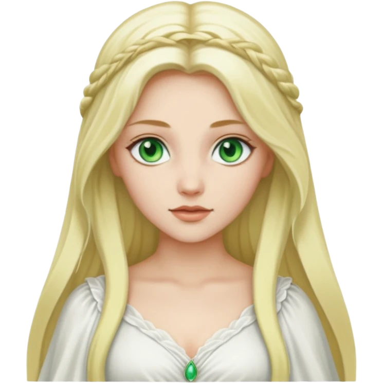Desdemona from Otello with white skin, green eyes, long blonde hair, white outfit emoji