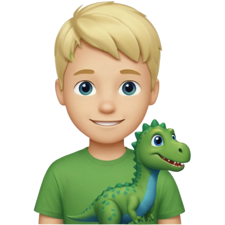 A smiling blond boy with blue eyes wearing a green dinosaur T-shirt emoji